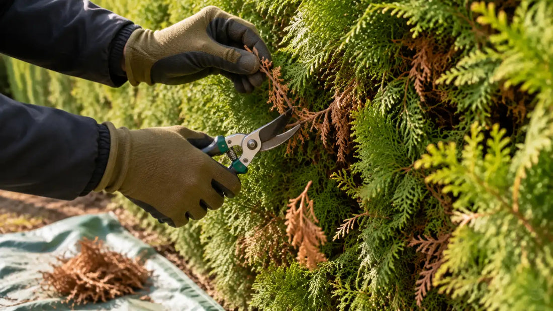 Beskärning av brun, skadad gren på en tujahäck för att rädda plantan