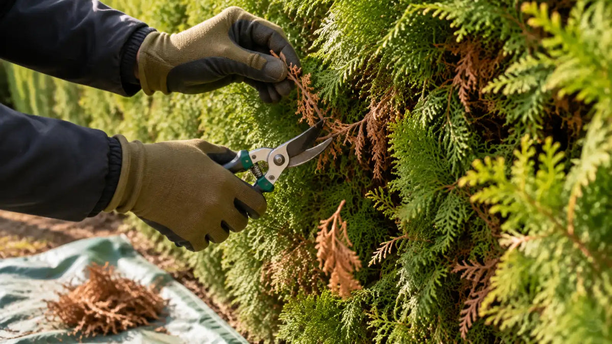 Beskärning av brun, skadad gren på en tujahäck för att rädda plantan